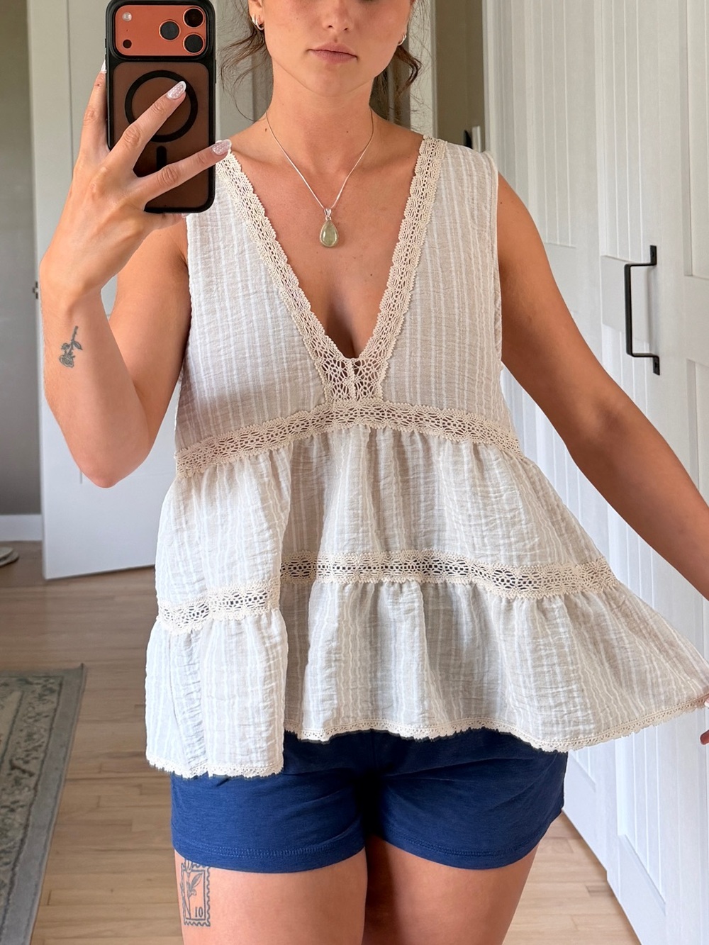 By Together Cream Ivory V-Neck Lace Trim Peplum Camisole